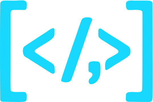Bright blue vector graphic illustration of programming code symbols inside square brackets for web design