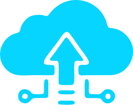 Bright blue vector cloud computing illustration featuring white upward arrow and circuit board elements