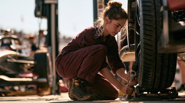 Young female mechanic uses an impact wrench on a raised car wheel