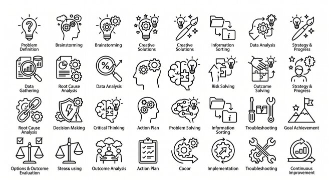 Comprehensive set of minimalist business line icons for brainstorming problem solving strategy and data analysis on white background