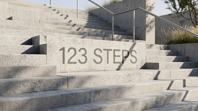 A modern concrete staircase with the text 123 steps engraved on a riser representing progress and achievement