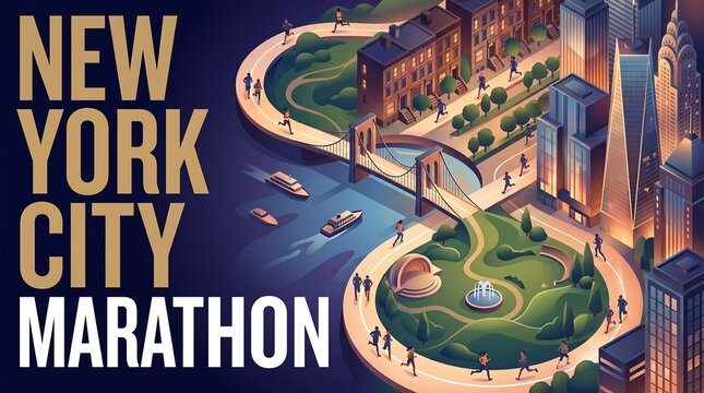 New York City Marathon Isometric Illustration with Runners Racing Through Skyscrapers and Brooklyn Bridge at Night