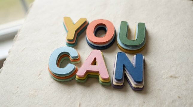 Brightly colored wooden block letters are arranged to spell the encouraging phrase you can providing a positive message of motivation and self belief