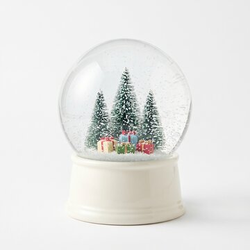 Decorative Snow Globe Featuring Miniature Pine Trees and Wrapped Christmas Gifts Set Against a Clean Minimalist White Background