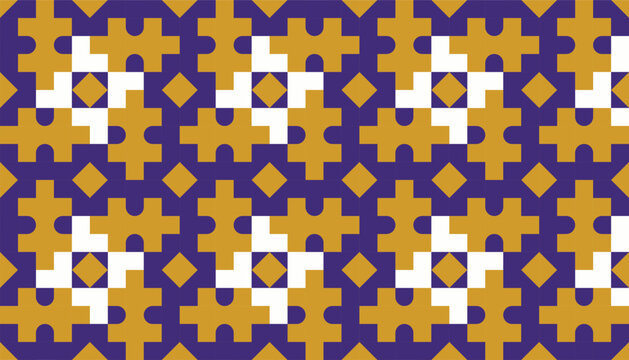 Abstract geometric repeating pattern composed of stepped cross shapes, diamond motifs, angular blocks, and interlocking forms in contrasting purple, mustard yellow, white, and gray.