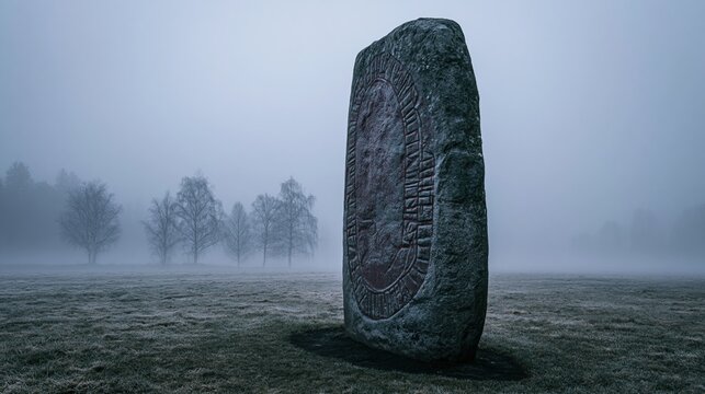 Dark weathered rune stone standing alone in a foggy frost covered meadow