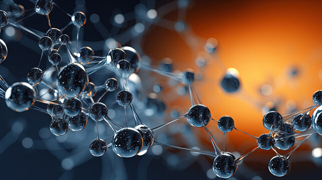 3d molecular structure of carbon atoms with glowing spheres and bonds on blue bokeh background
