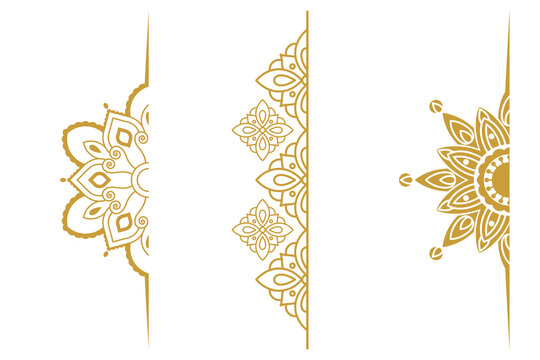 Gold mandala corner border set, floral henna line art transparent PNG