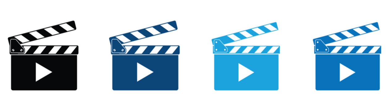 Film clapper board icon set with play buttons for video production, cinema, editing and media vector design.
