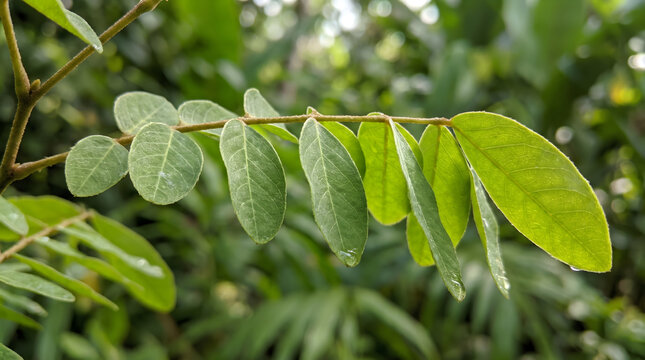 Close up view of copaifera officinalis leaves with raindrops showcasing nature flora detail in a lush forest