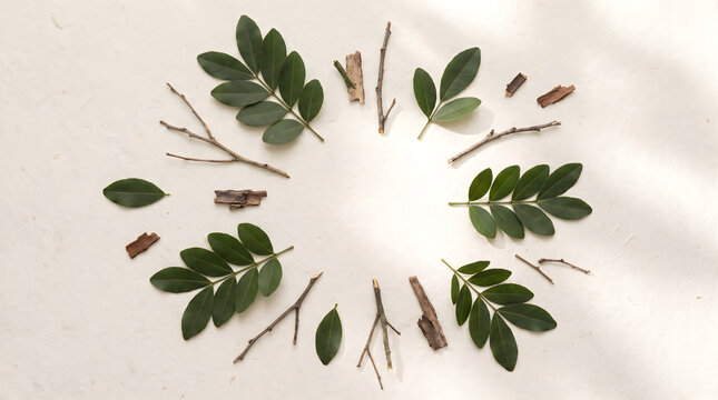 Flat lay of copaifera officinalis leaves and twigs arranged in a circle on a white background for herbal medicine