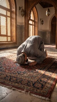 Muslim man performing sujood prayer on ornate rug inside grand mosque architecture with cinematic sunlight streaming through geometric window patterns at daytime.