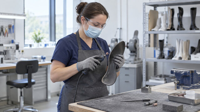 Female orthotist trimming a carbon fiber footplate in orthopedic workshop