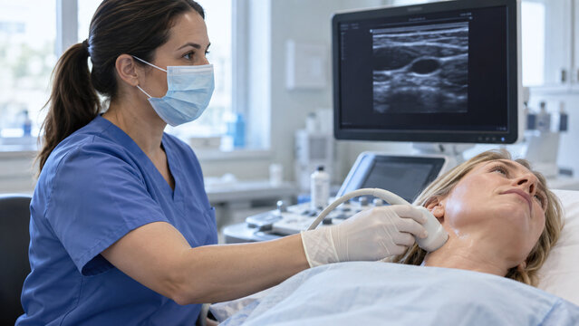 Female doctor performing carotid ultrasound examination on a patient in clinic