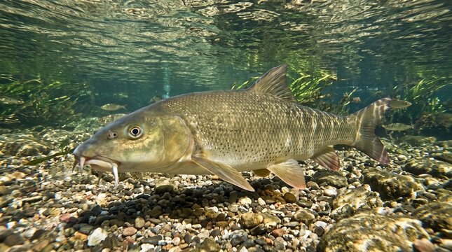 Submerged view of wild Barbel (Barbus barbus) fish swimming in clear freshwater river habitat over pebble bottom with sunlight rays.