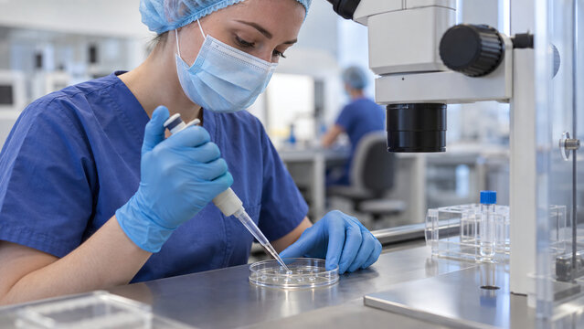 Biologist pipetting micro droplets into petri dish in modern sterile laboratory