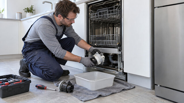 Professional technician repairing a broken dishwasher in a modern kitchen