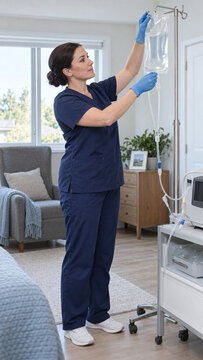 Female home care nurse hanging dialysis fluid bag on pole in patient bedroom