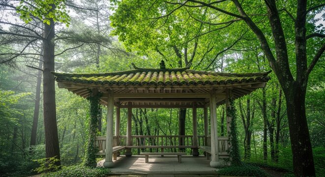 Traditional wooden gazebo in lush green forest setting.