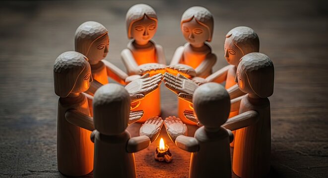 Wooden figurines gathered in a circle around a glowing candle.