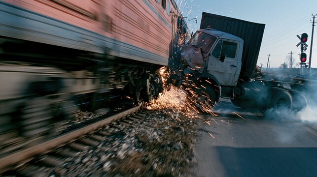 Container truck is dragged beside freight train during railway crossing collision