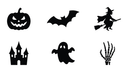 Fototapeta premium Halloween Icons Set: Spooky Pumpkin, Witch, Bat, Ghost, Castle, Skeleton Hand Vector Graphics