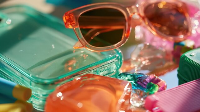 Orange translucent sunglasses lie on mint phone case among glossy retro objects