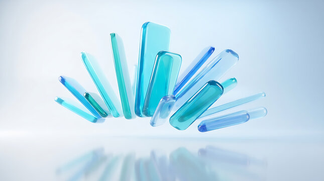 Cyan glass bottles and containers floating in a dynamic radial explosion arrangement with translucent bottles pharmaceutical design cosmetic pac