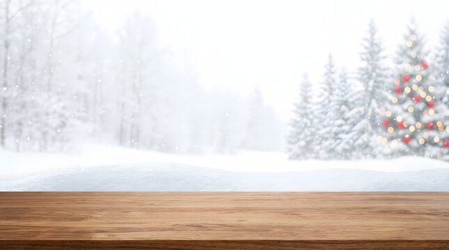 Christmas holiday decorations on a wood surface with copy space. winter snowfall view