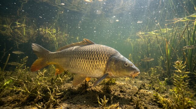 Large Common Carp (Cyprinus carpio) swimming freely underwater in natural lake or pond habitat with aquatic plants and sunlight rays filtering through water.
