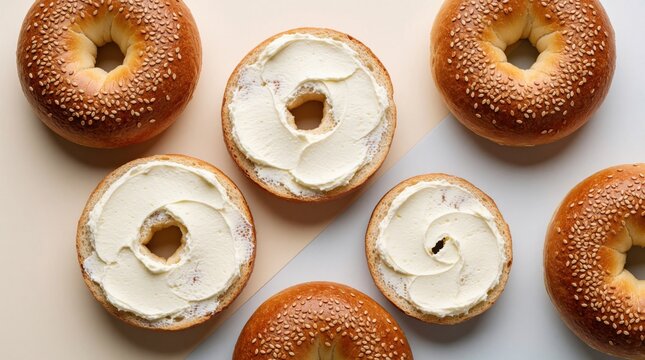 Top view of golden sesame bagels on two tone background. Bagels thick cream cheese spread on halves. Fresh baked bread rolls serve as tasty breakfast snack brunch meal in bakery cafe. Delicious carb