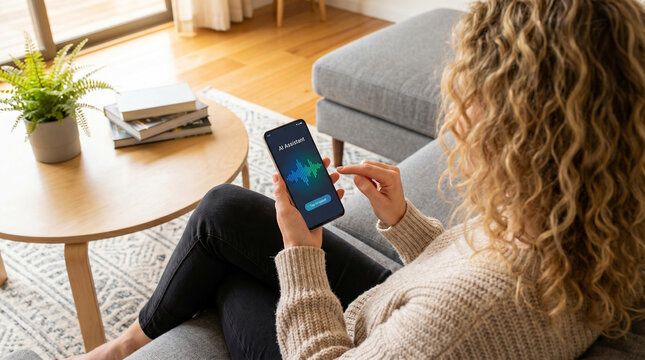 Woman Using AI Voice Assistant on Smartphone at Home 