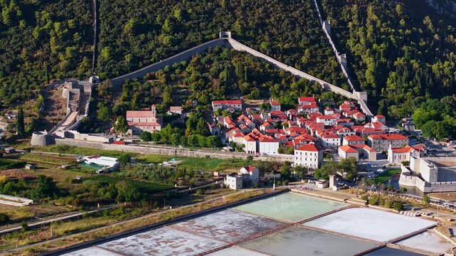 Aerial view of the historic town of Ston and its ancient defensive walls in Croatia