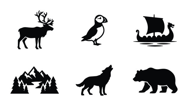 Nordic Icons Set: Reindeer, Puffin, Viking Ship, Mountains, Wolf, Bear Vector Graphics
