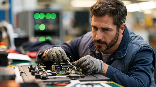 Experienced engineer executing precision repairs on an electronic circuit board with a soldering tool in a modern research and development facility.