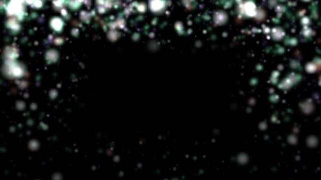 Pastel glitter confetti rains over black, forming a dreamy frame of mint and pink bokeh around central copy space. Looping particle animation for celebrations, weddings, and festive titles.