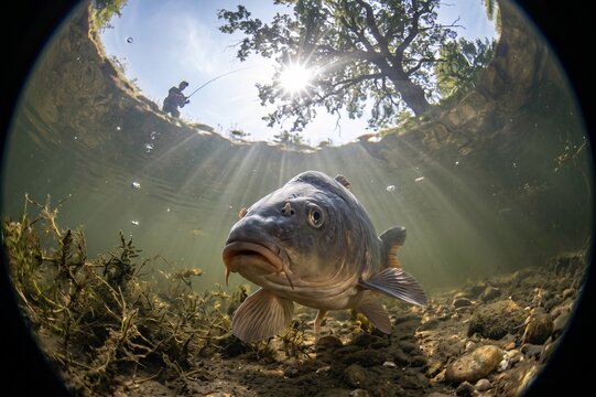 Large Common Carp (Cyprinus carpio) swimming freely underwater in natural lake or pond habitat with aquatic plants and sunlight rays filtering through water.