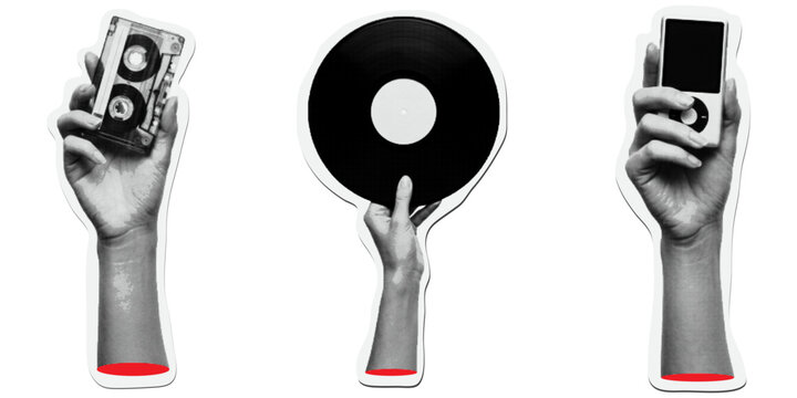 Halftone pop art hands set holding music media cassette tape vinyl record and player