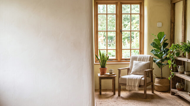 Cozy Sustainable Home Living Room Interior Featuring Natural Materials and Indoor Plants for a Calm Earthy Aesthetic