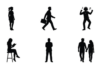 Obraz premium Diverse Human Silhouettes: Business Man, Woman Reading, Couple Walking, Dancing Figure, Standing Woman