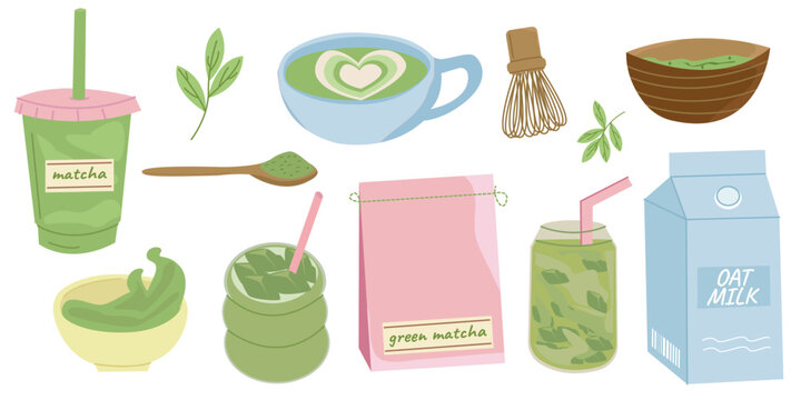 Matcha Green Tea Vector Collection with Powder, Oat Milk, Whisk, Iced and Hot Drinks, Cups. Japanese Tea Accessories Illustration