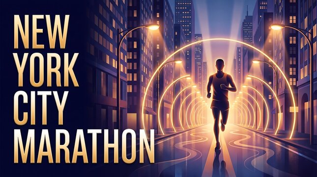 Male Athlete Silhouette Running New York City Marathon at Night with Glowing Lights and Skyscrapers