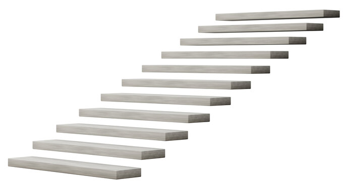 Concrete stairs are isolated on a clear background. The stairs have a simple design and are presented in a 3D render style. They show a straight