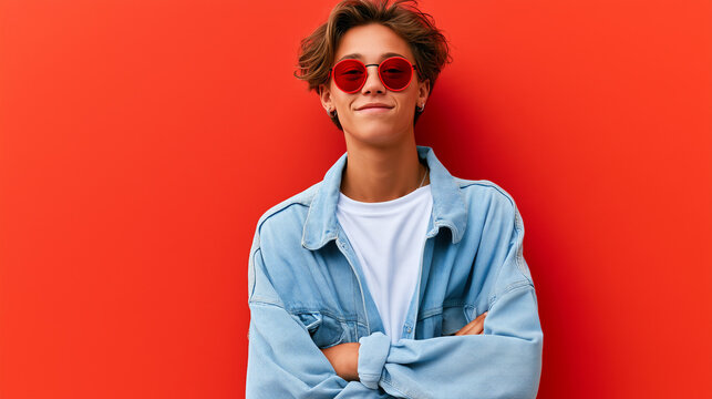 Confident stylish young man in red sunglasses and denim jacket standing against a red background.