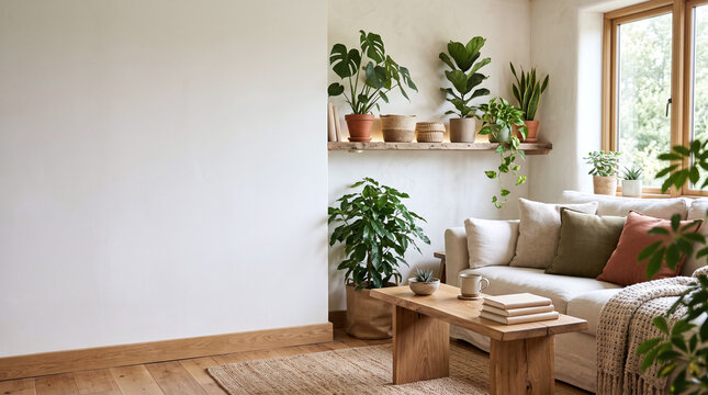 Bright and airy minimalist living room with abundant green houseplants creating a tranquil, natural, and sustainable interior design aesthetic perfect for modern living