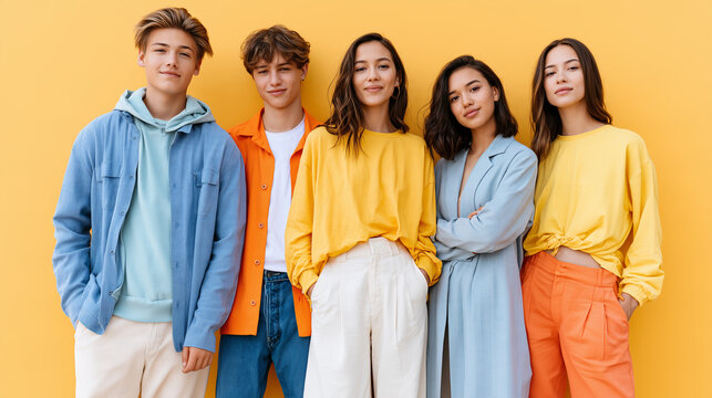 Group of diverse fashionable teenagers posing together against a yellow background.