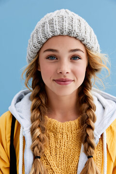 Close up portrait of a smiling teenage girl with braided hair and a knit beanie.
