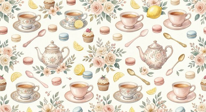 Watercolor tea time pattern with teapots flowers and sweets