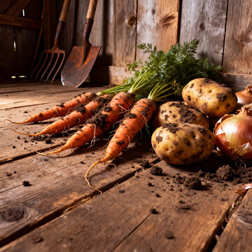 Freshly Harvested Organic Carrots, Potatoes, and Onions Displayed on Rustic Wooden Floor with Traditional Farm Tools.