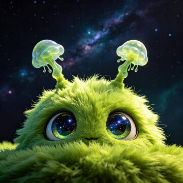 A charming, fluffy green creature with large, expressive eyes that reflect a vibrant galaxy, topped with unique bioluminescent jelly-like antennae against a starry cosmic background.